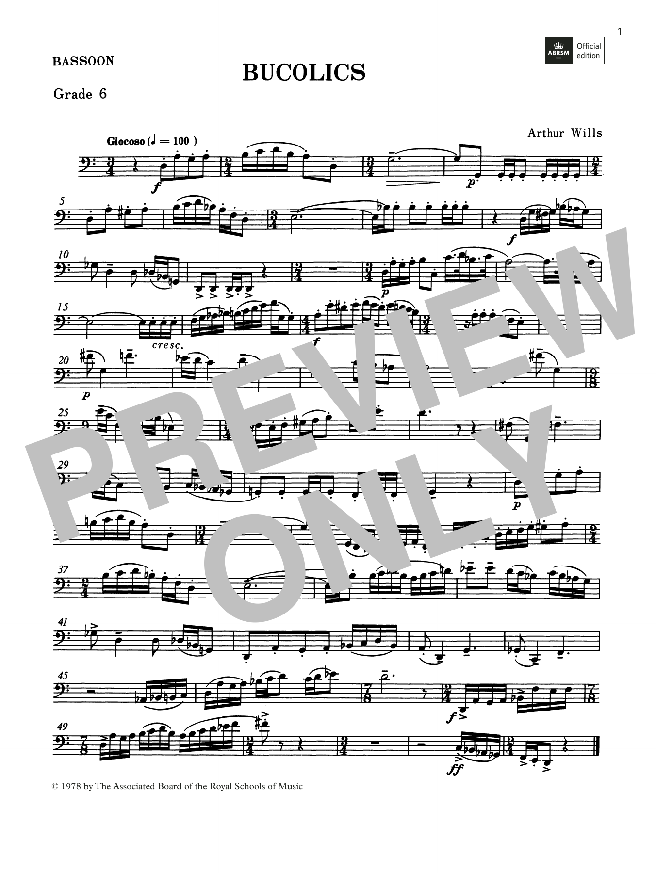 Arthur Wills Bucolics (Grade 6 List C10 from the ABRSM Bassoon syllabus from 2022) sheet music notes and chords arranged for Woodwind Solo
