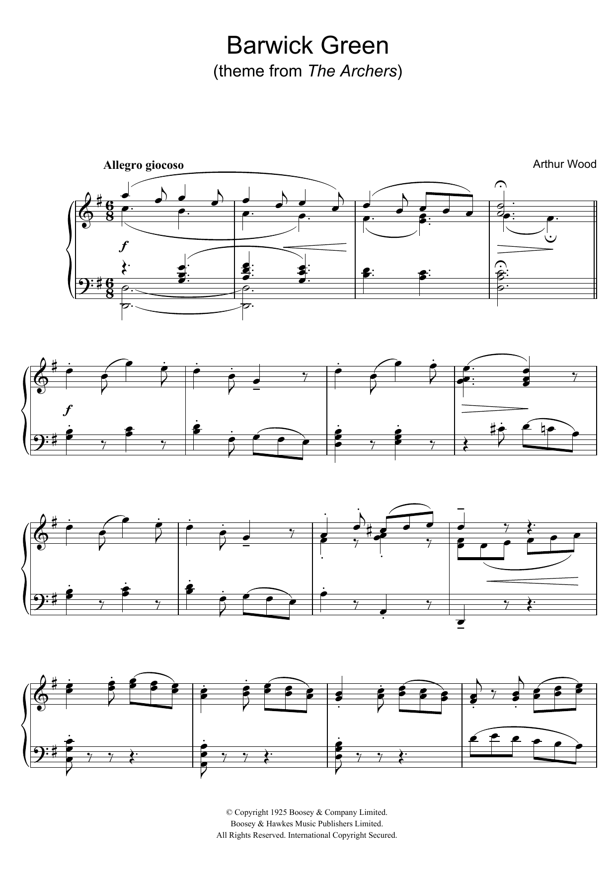 Arthur Wood Barwick Green (theme from The Archers) sheet music notes and chords arranged for Piano Solo