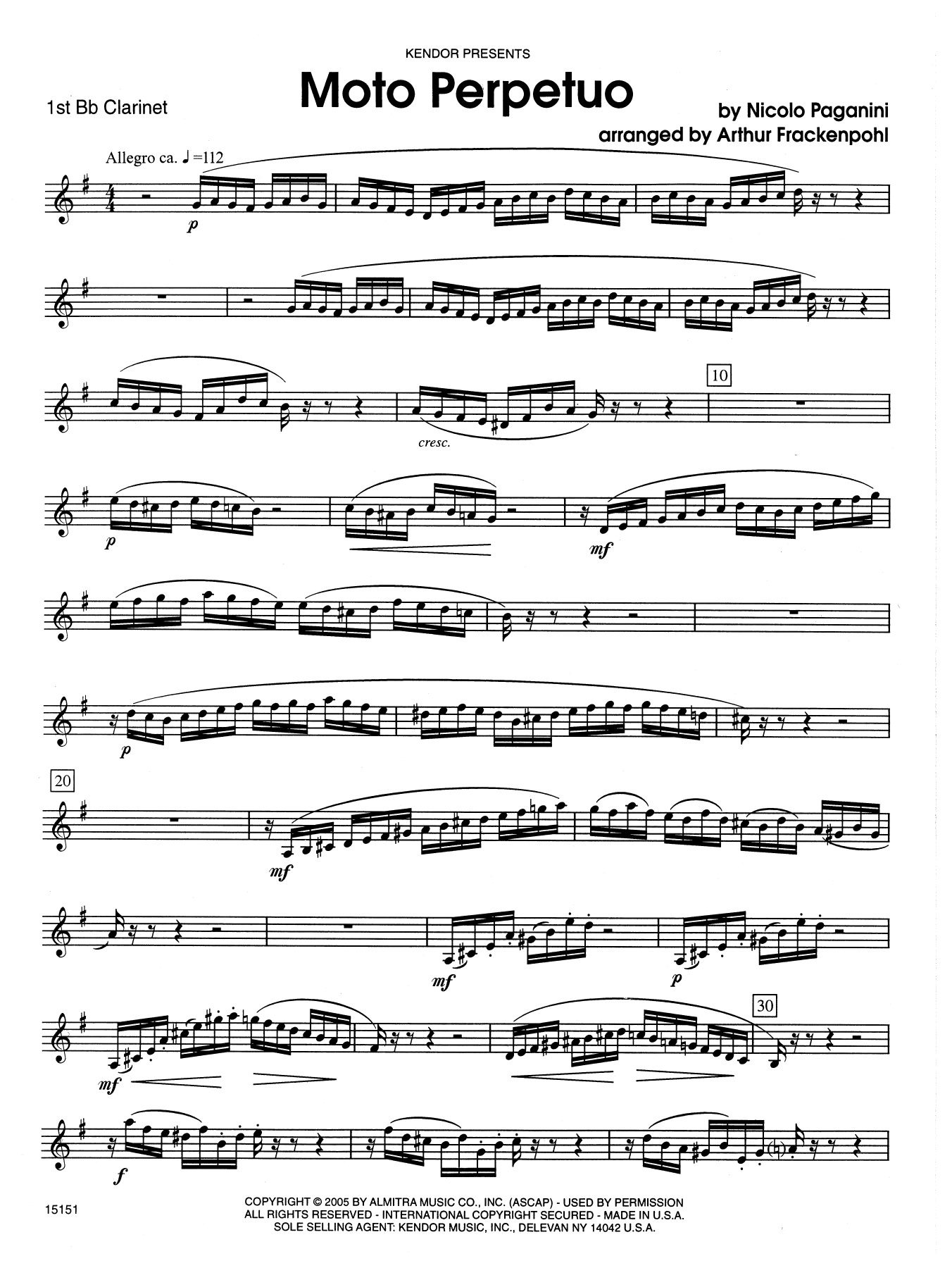 Arthur Frackenpohl Moto Perpetuo - 1st Bb Clarinet sheet music notes and chords. Download Printable PDF.