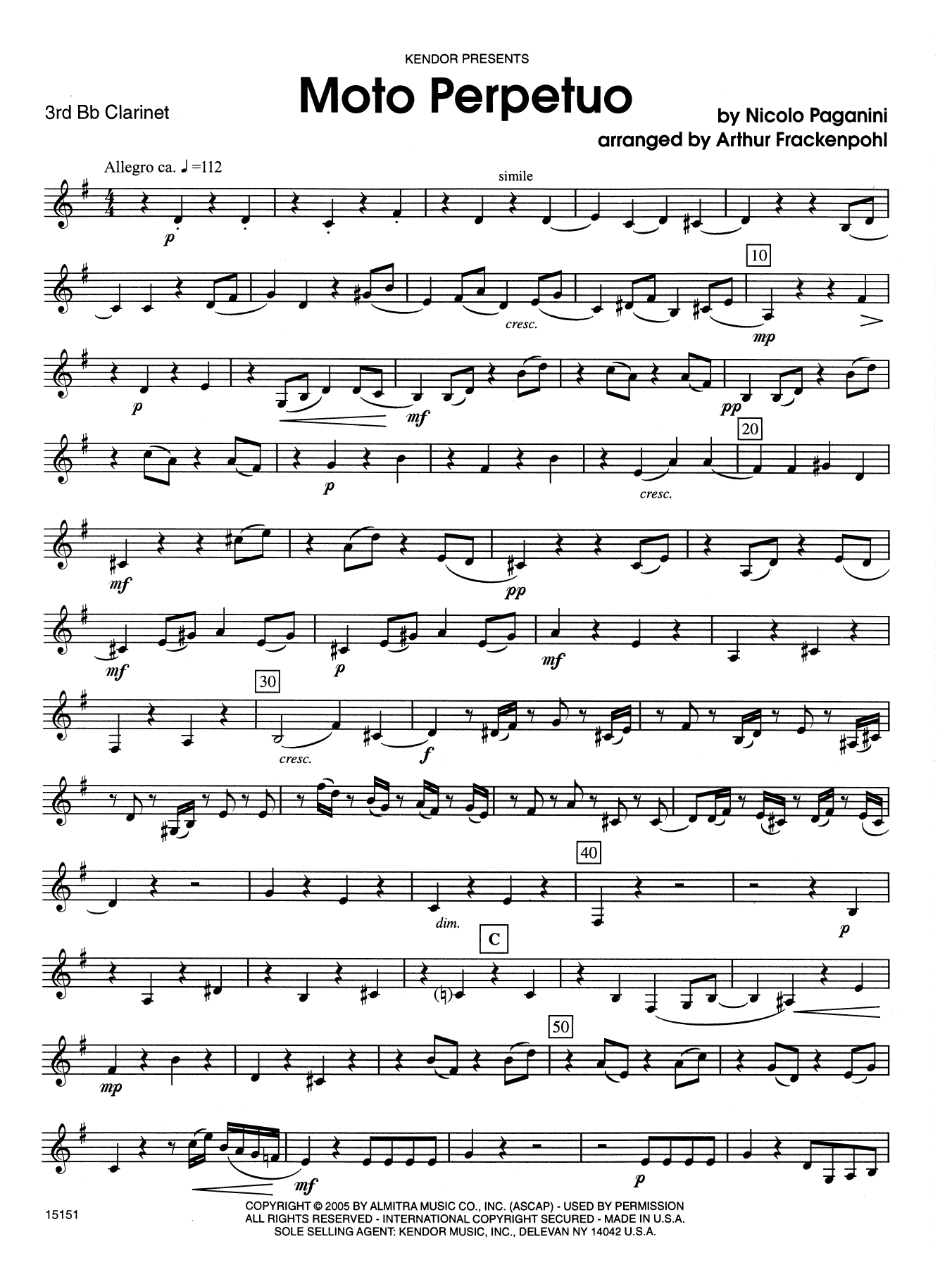 Arthur Frackenpohl Moto Perpetuo - 3rd Bb Clarinet sheet music notes and chords. Download Printable PDF.