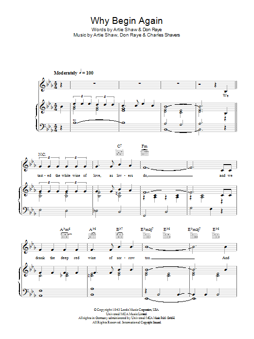 Artie Shaw Why Begin Again sheet music notes and chords arranged for Piano, Vocal & Guitar Chords