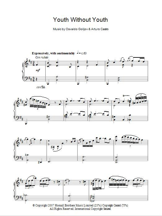 Arturo Castro Youth Without Youth (Youth Without Youth) sheet music notes and chords arranged for Piano Solo