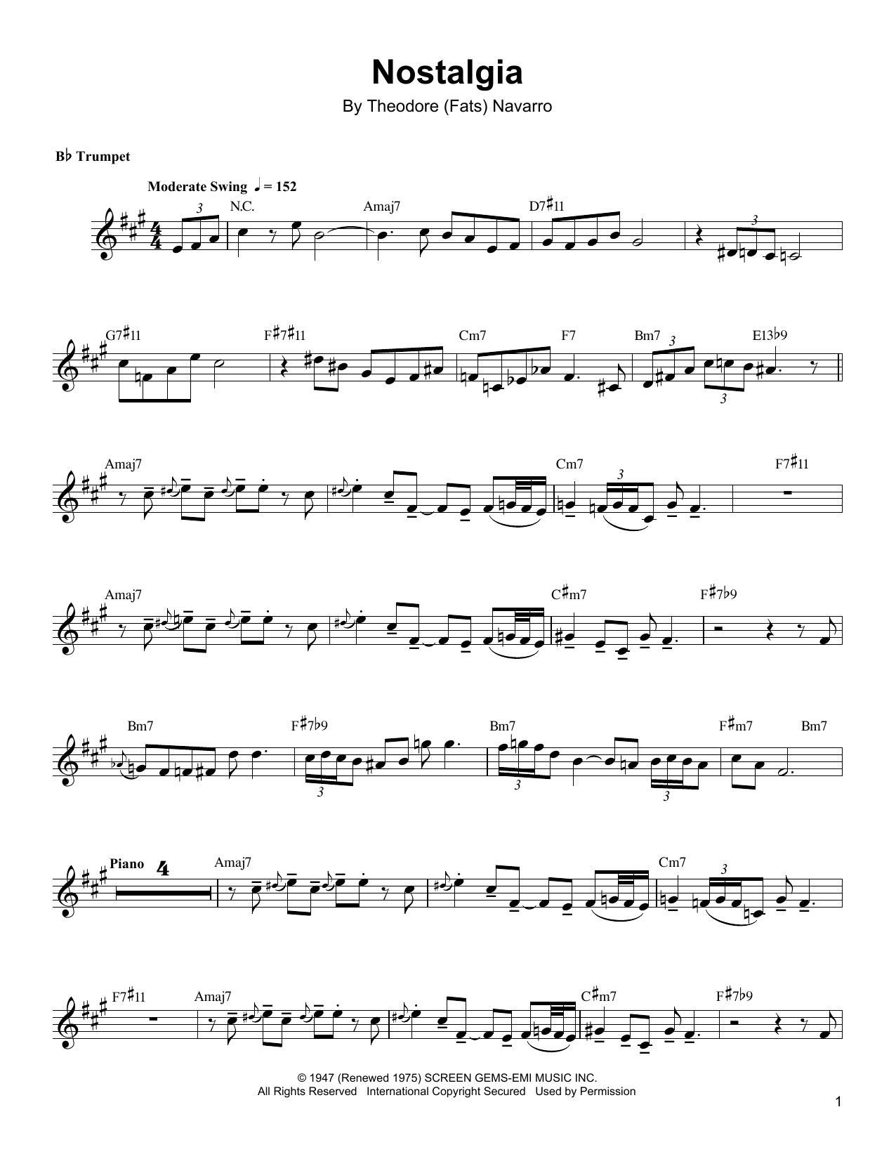 Arturo Sandoval Nostalgia sheet music notes and chords arranged for Trumpet Transcription
