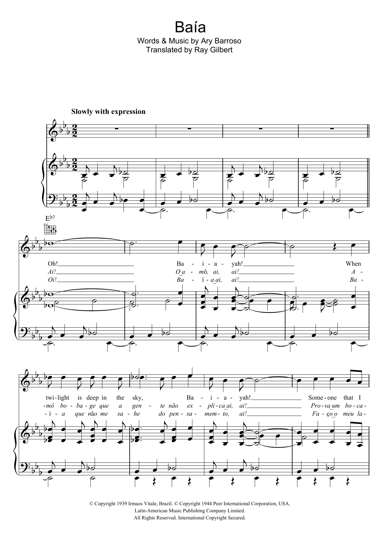 Ary Barroso Baia sheet music notes and chords arranged for Piano, Vocal & Guitar Chords