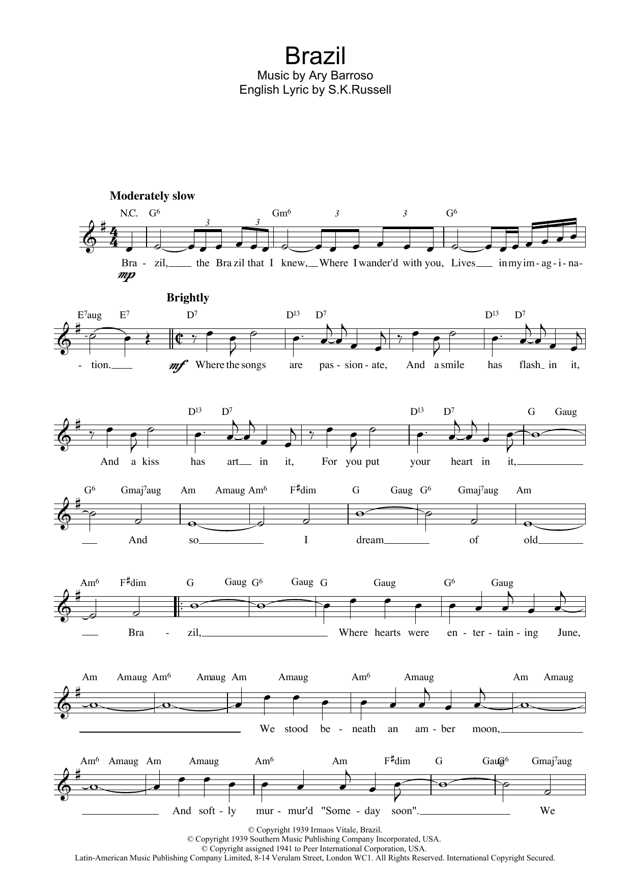 Ary Barroso Brazil sheet music notes and chords arranged for Guitar Chords/Lyrics