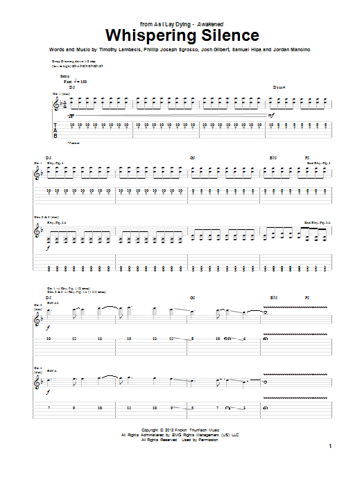 As I Lay Dying Whispering Silence sheet music notes and chords arranged for Guitar Tab