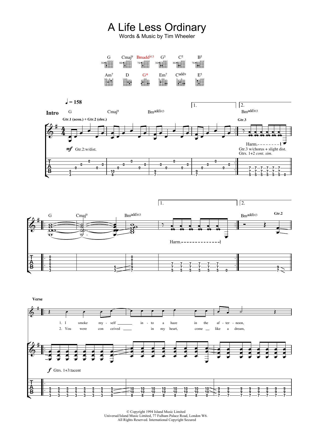 Ash A Life Less Ordinary sheet music notes and chords arranged for Guitar Chords/Lyrics