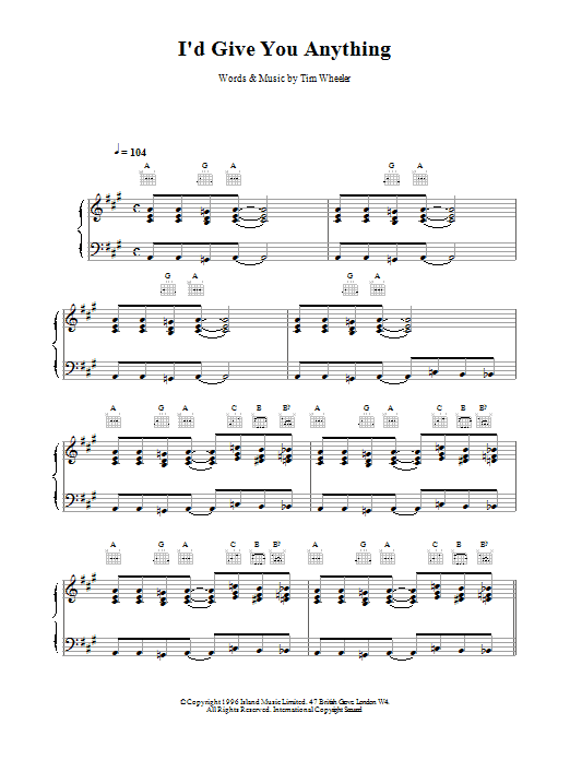 Ash I'd Give You Anything sheet music notes and chords arranged for Piano, Vocal & Guitar Chords