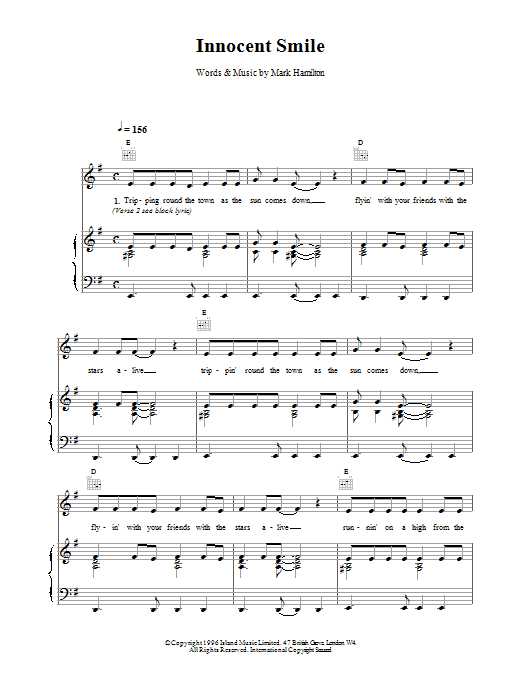 Ash Innocent Smile sheet music notes and chords arranged for Piano, Vocal & Guitar Chords