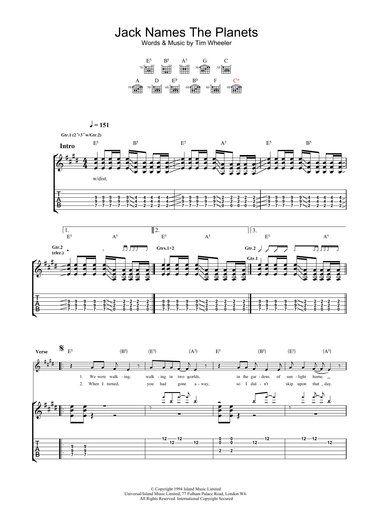 Ash Jack Names The Planets sheet music notes and chords arranged for Guitar Tab
