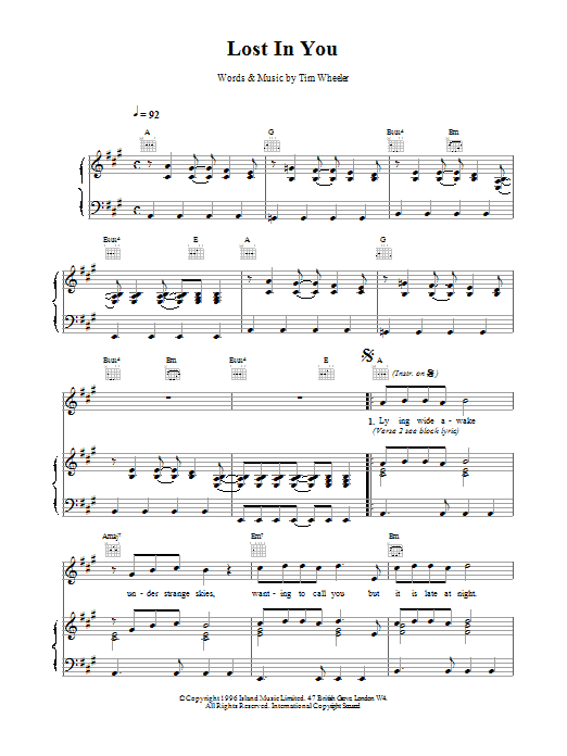 Ash Lost in You sheet music notes and chords arranged for Piano, Vocal & Guitar Chords