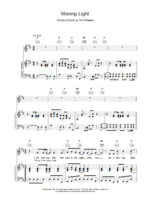 Ash Shining Light sheet music notes and chords arranged for Piano Chords/Lyrics