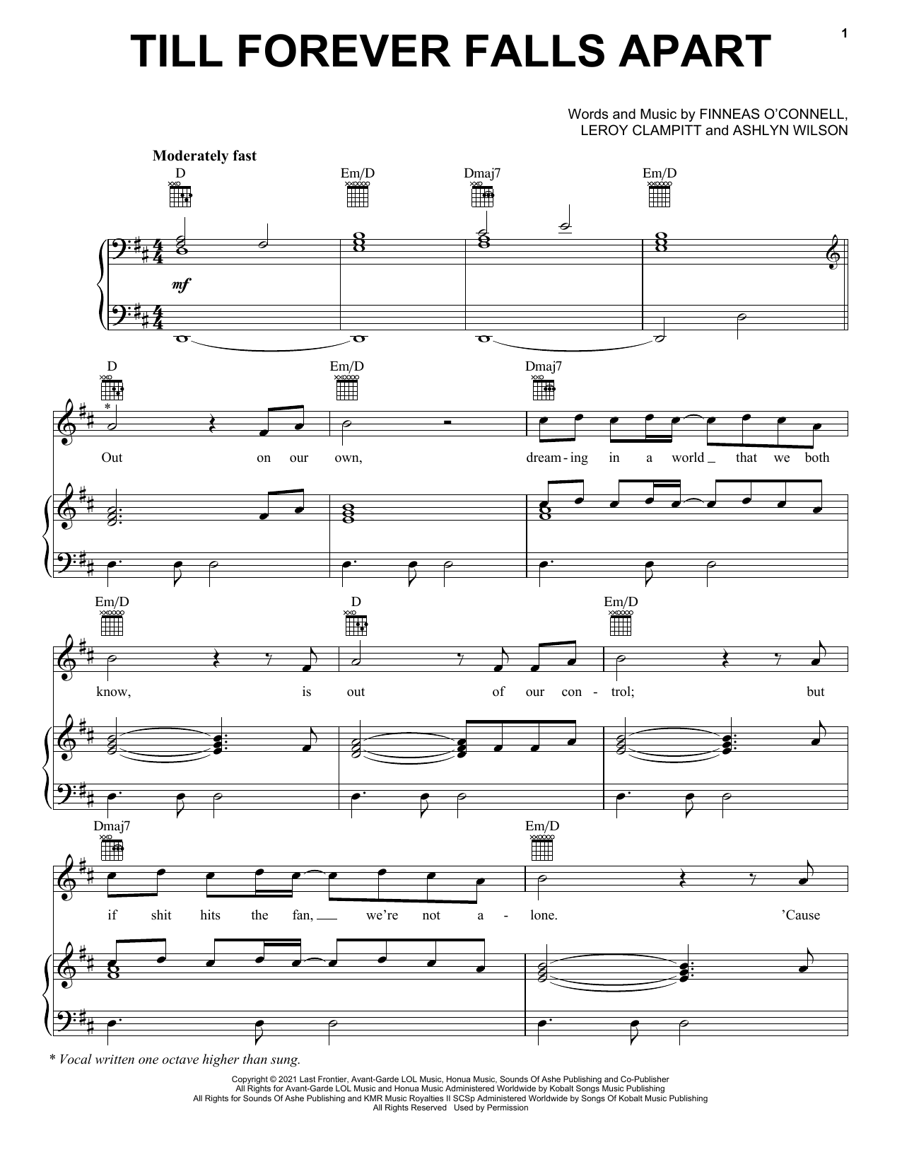 Ashe & FINNEAS Till Forever Falls Apart sheet music notes and chords arranged for Piano, Vocal & Guitar Chords (Right-Hand Melody)