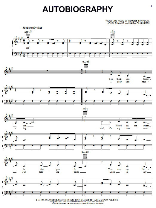 Ashlee Simpson Autobiography sheet music notes and chords arranged for Piano, Vocal & Guitar Chords (Right-Hand Melody)
