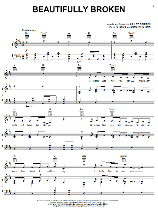 Ashlee Simpson Beautifully Broken sheet music notes and chords arranged for Piano, Vocal & Guitar Chords (Right-Hand Melody)