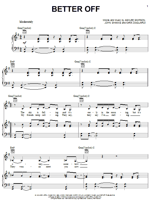 Ashlee Simpson Better Off sheet music notes and chords arranged for Piano, Vocal & Guitar Chords (Right-Hand Melody)