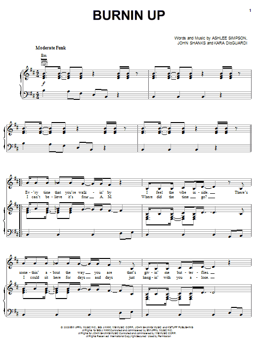 Ashlee Simpson Burnin Up sheet music notes and chords arranged for Piano, Vocal & Guitar Chords (Right-Hand Melody)