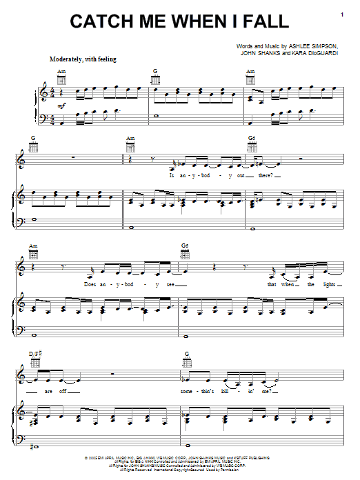 Ashlee Simpson Catch Me When I Fall sheet music notes and chords arranged for Piano, Vocal & Guitar Chords (Right-Hand Melody)