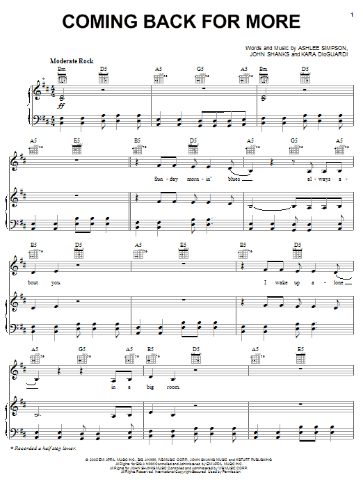 Ashlee Simpson Coming Back For More sheet music notes and chords arranged for Piano, Vocal & Guitar Chords (Right-Hand Melody)