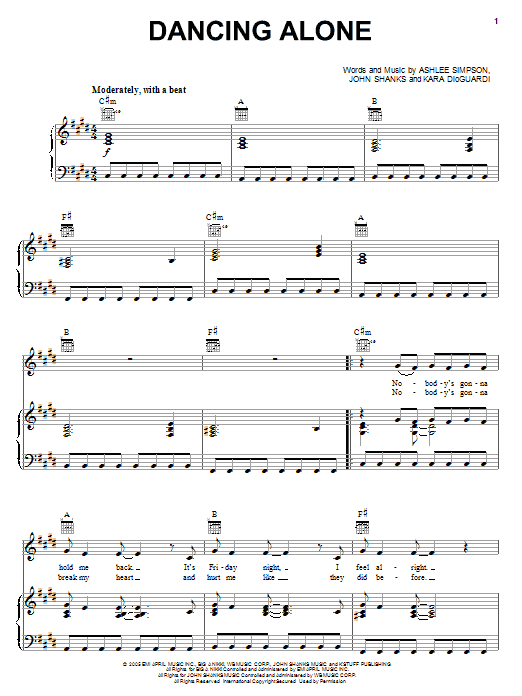 Ashlee Simpson Dancing Alone sheet music notes and chords arranged for Piano, Vocal & Guitar Chords (Right-Hand Melody)