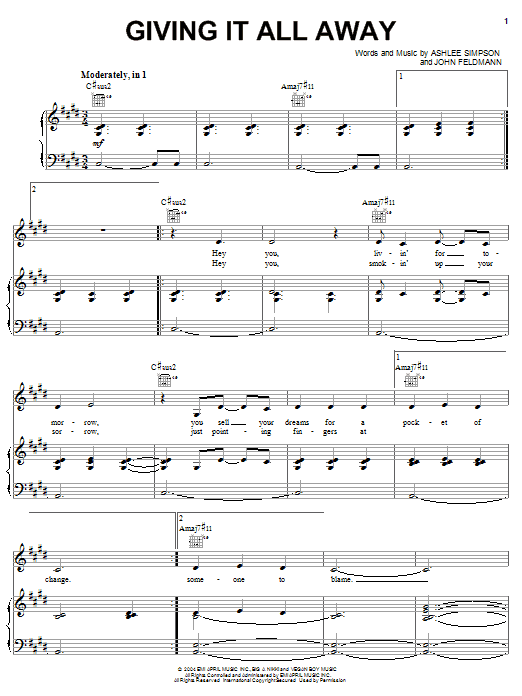 Ashlee Simpson Giving It All Away sheet music notes and chords arranged for Piano, Vocal & Guitar Chords (Right-Hand Melody)