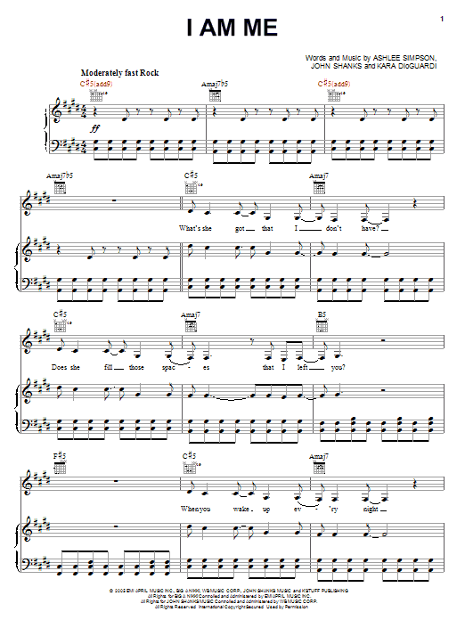 Ashlee Simpson I Am Me sheet music notes and chords arranged for Piano, Vocal & Guitar Chords (Right-Hand Melody)