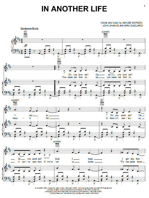 Ashlee Simpson In Another Life sheet music notes and chords arranged for Piano, Vocal & Guitar Chords (Right-Hand Melody)