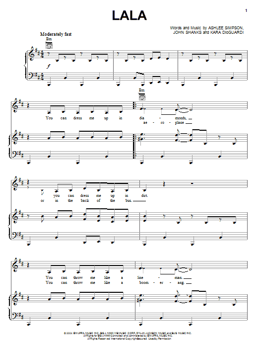 Ashlee Simpson Lala sheet music notes and chords arranged for Piano, Vocal & Guitar Chords (Right-Hand Melody)