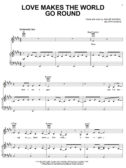 Ashlee Simpson Love Makes The World Go Round sheet music notes and chords arranged for Piano, Vocal & Guitar Chords (Right-Hand Melody)
