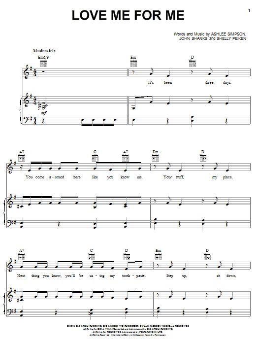 Ashlee Simpson Love Me For Me sheet music notes and chords arranged for Piano, Vocal & Guitar Chords (Right-Hand Melody)