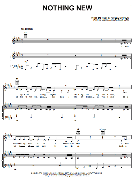 Ashlee Simpson Nothing New sheet music notes and chords arranged for Piano, Vocal & Guitar Chords (Right-Hand Melody)