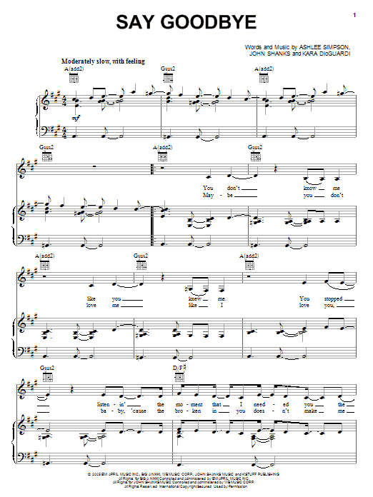 Ashlee Simpson Say Goodbye sheet music notes and chords arranged for Piano, Vocal & Guitar Chords (Right-Hand Melody)