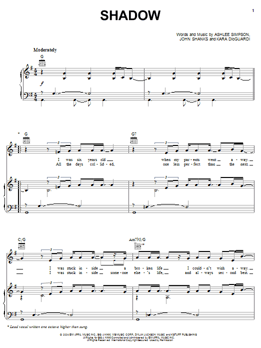 Ashlee Simpson Shadow sheet music notes and chords arranged for Piano, Vocal & Guitar Chords (Right-Hand Melody)