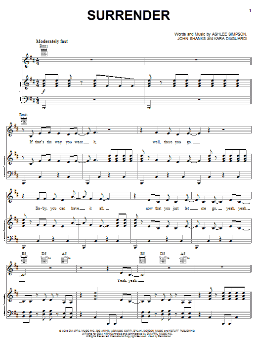 Ashlee Simpson Surrender sheet music notes and chords arranged for Piano, Vocal & Guitar Chords (Right-Hand Melody)
