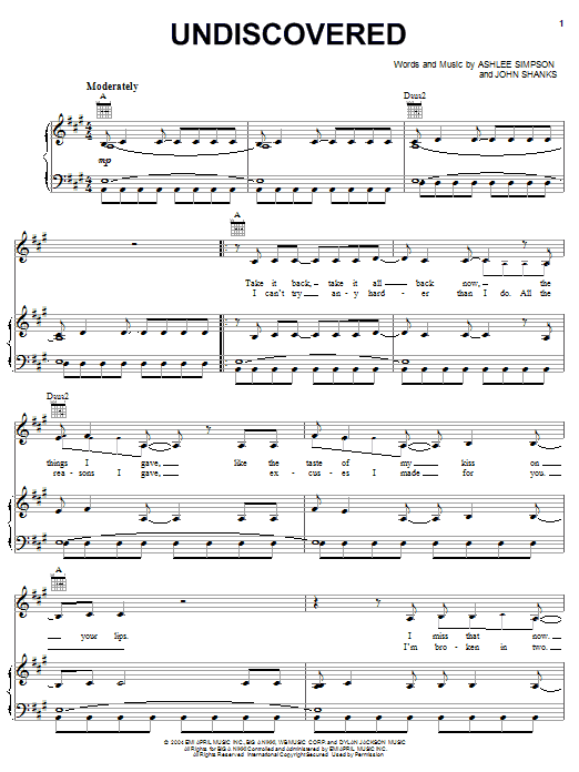 Ashlee Simpson Undiscovered sheet music notes and chords arranged for Piano, Vocal & Guitar Chords (Right-Hand Melody)
