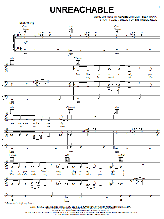 Ashlee Simpson Unreachable sheet music notes and chords arranged for Piano, Vocal & Guitar Chords (Right-Hand Melody)
