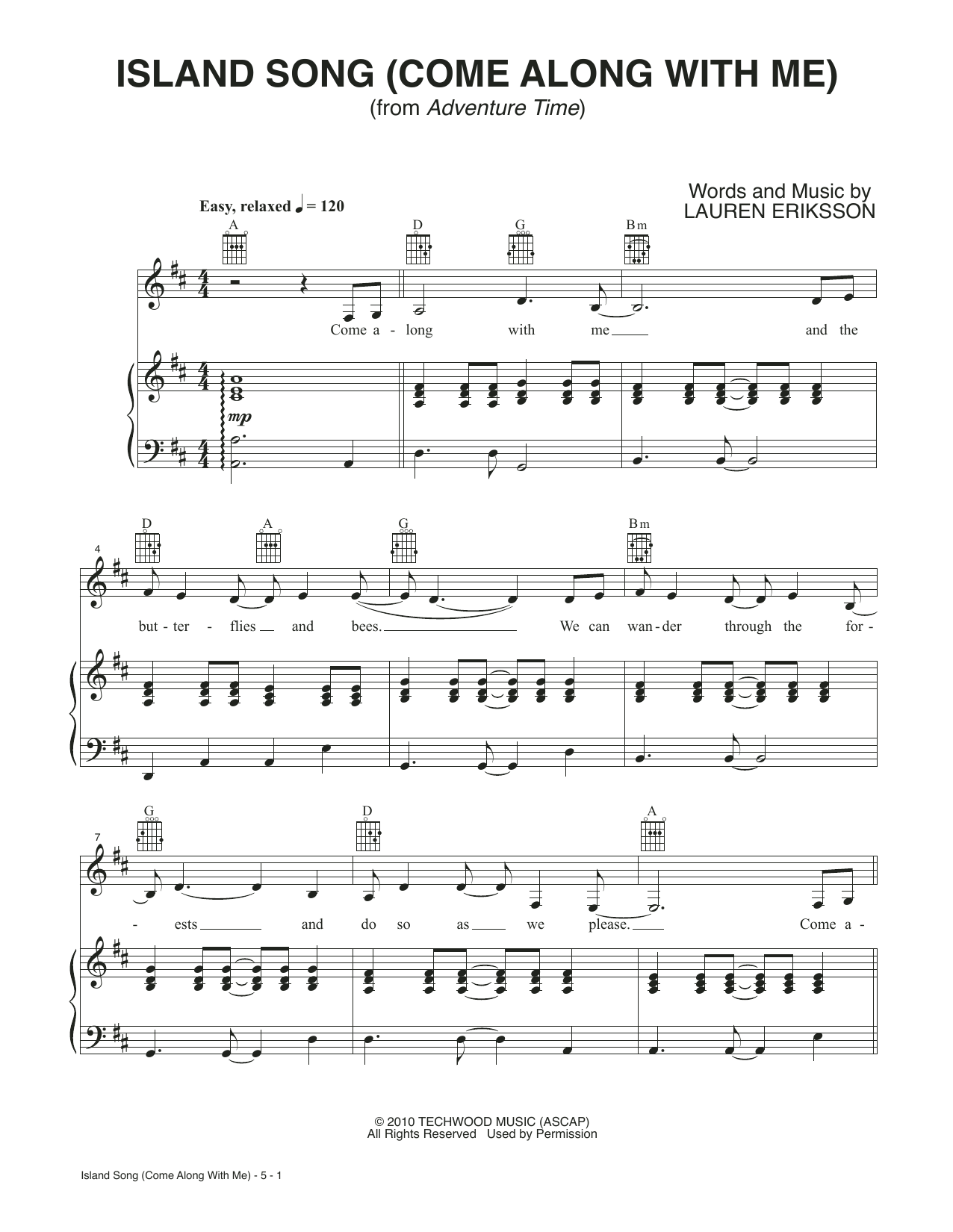 Ashley Eriksson Island Song (Come Along With Me) (from Adventure Time) sheet music notes and chords arranged for Easy Piano