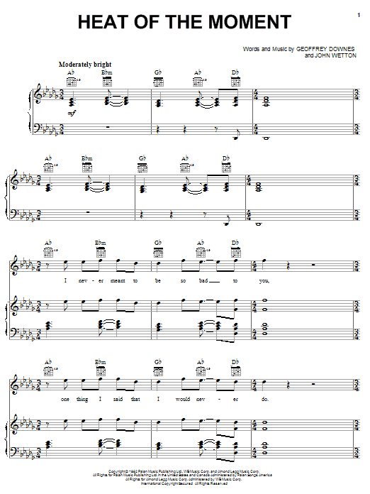 Asia Heat Of The Moment sheet music notes and chords arranged for Piano, Vocal & Guitar Chords (Right-Hand Melody)
