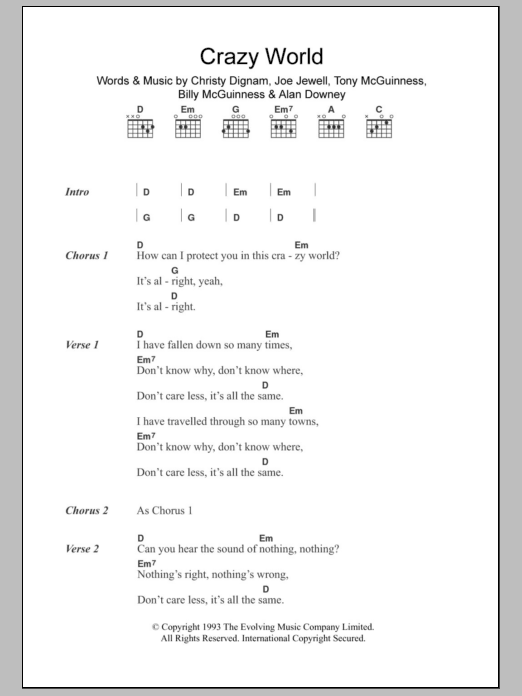 Aslan Crazy World sheet music notes and chords arranged for Guitar Chords/Lyrics