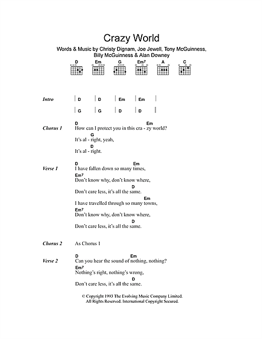 Aslan Crazy World sheet music notes and chords arranged for Guitar Chords/Lyrics