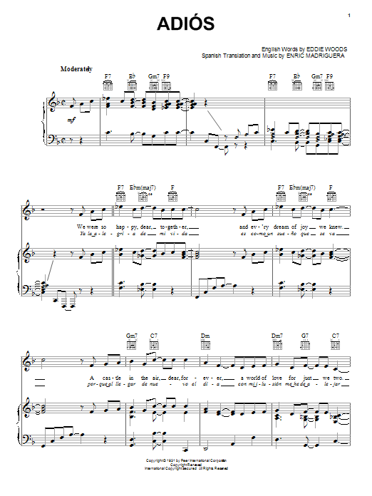 Astor Piazzolla Adios sheet music notes and chords arranged for Piano, Vocal & Guitar Chords (Right-Hand Melody)