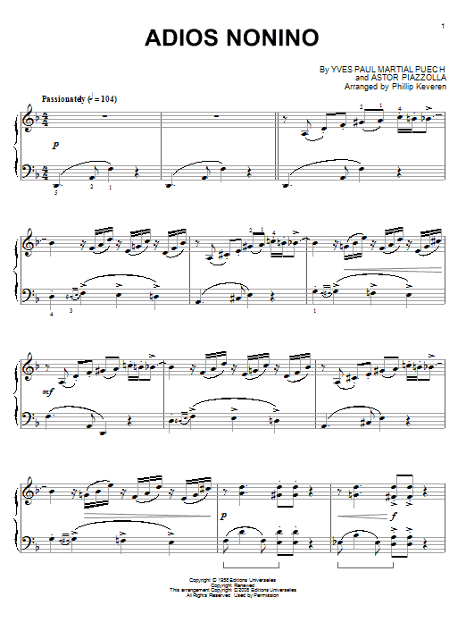 Astor Piazzolla Adios nonino (arr. Phillip Keveren) sheet music notes and chords arranged for Piano Solo