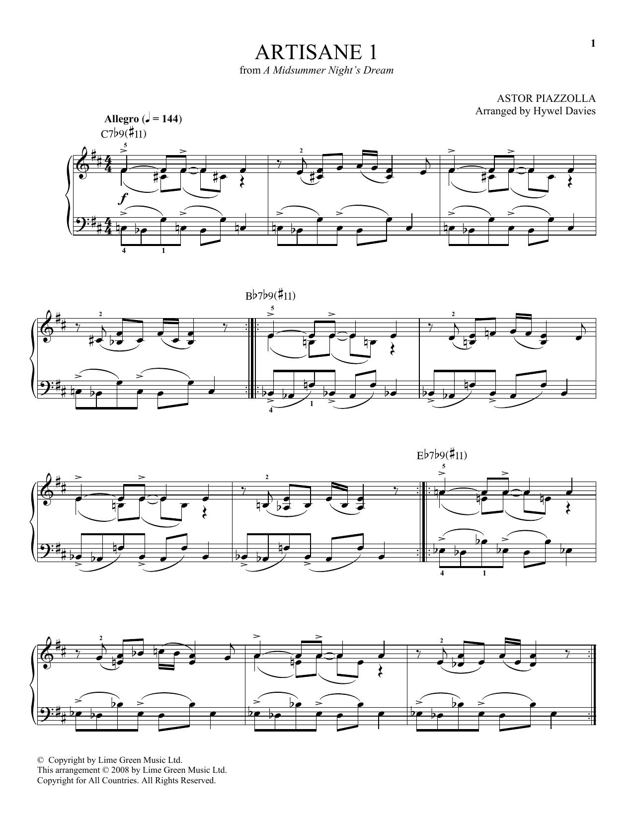 Astor Piazzolla Artisane 1 sheet music notes and chords arranged for Piano Solo