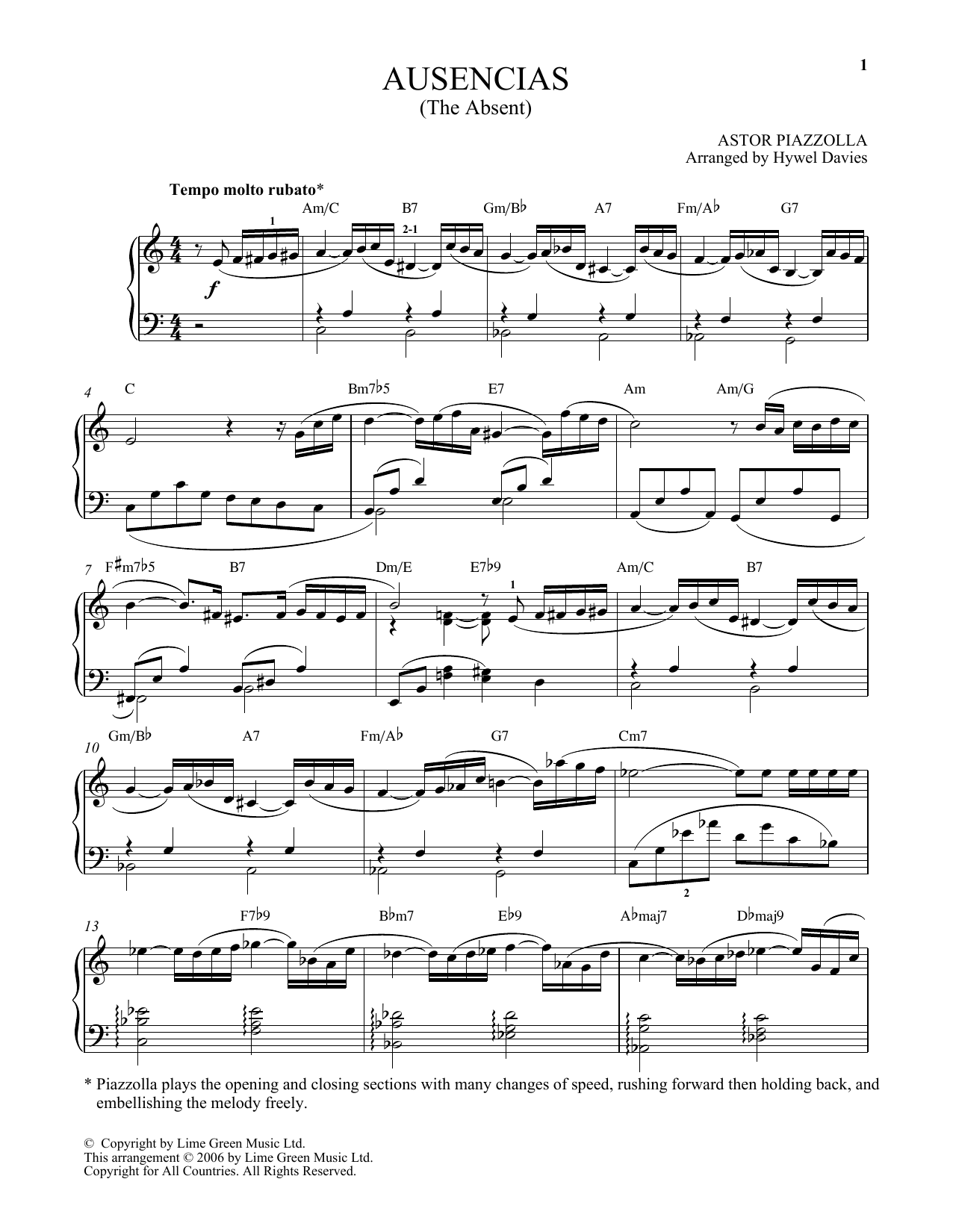 Astor Piazzolla Ausencias sheet music notes and chords arranged for Easy Piano