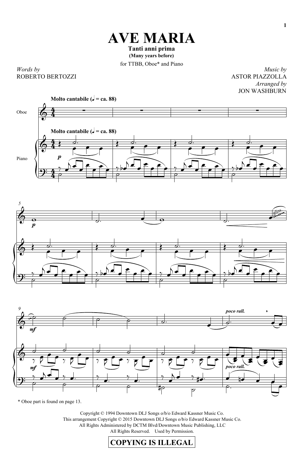 Astor Piazzolla Ave Maria sheet music notes and chords arranged for TTBB Choir