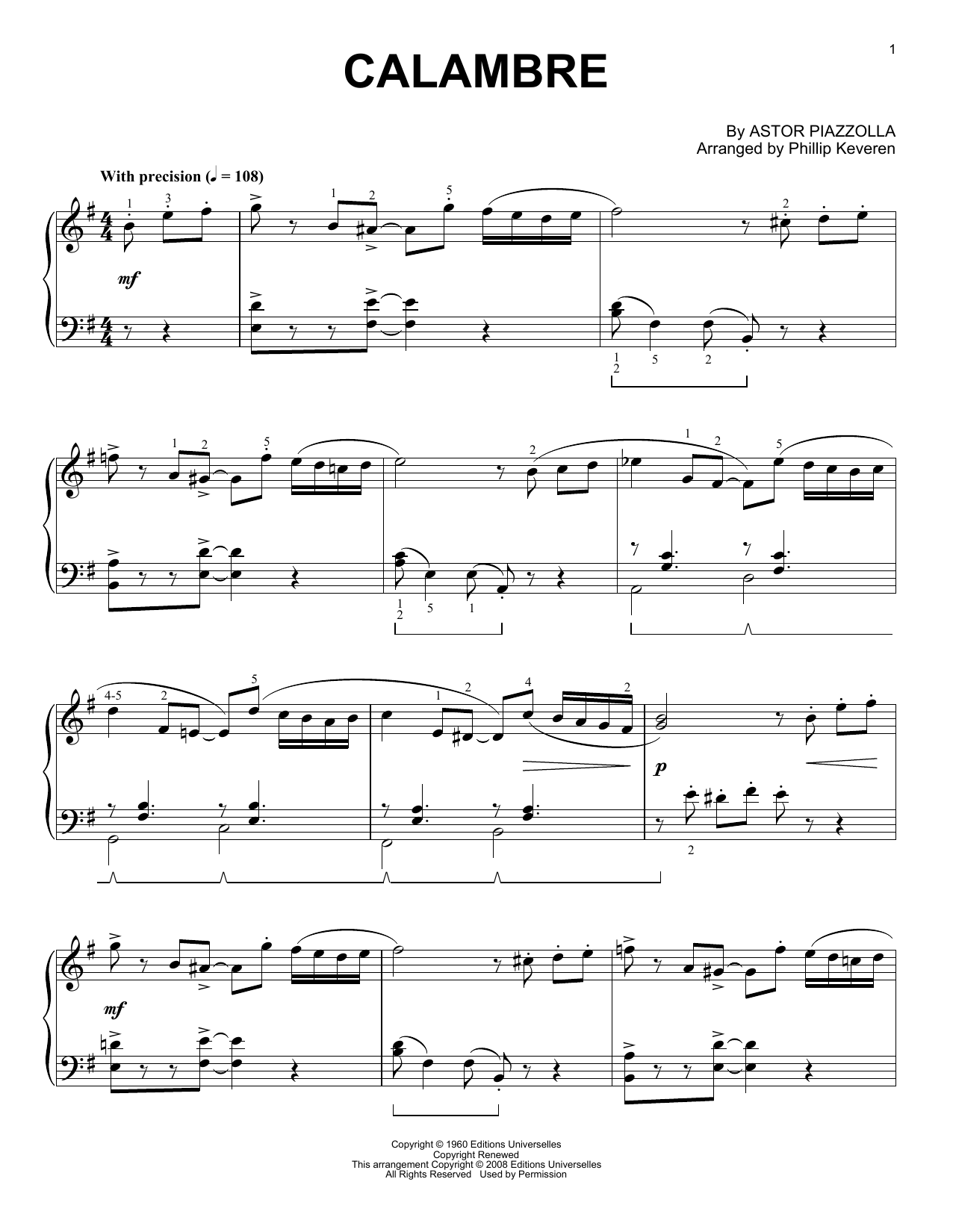 Astor Piazzolla Calambre (arr. Phillip Keveren) sheet music notes and chords arranged for Piano Solo