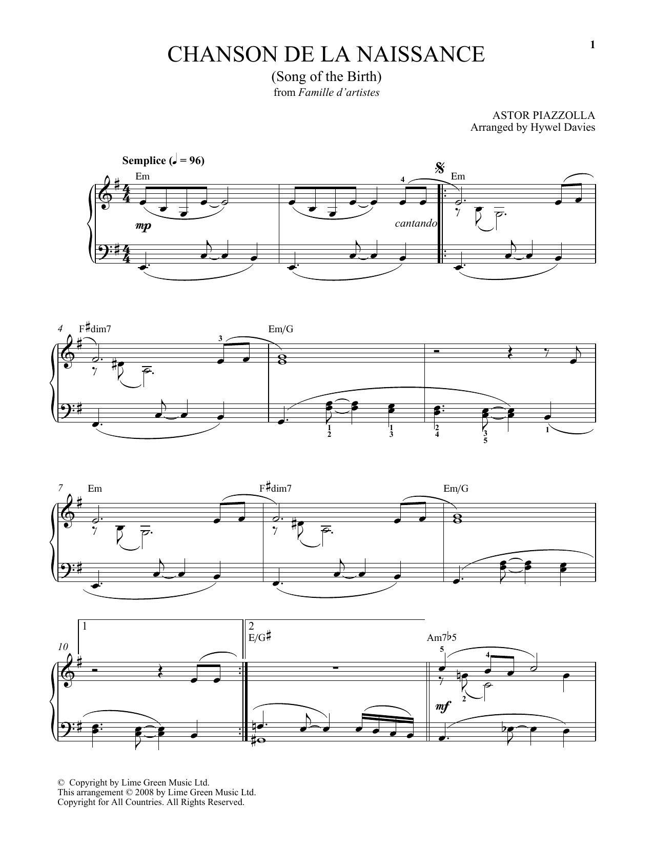Astor Piazzolla Chanson De La Naissance sheet music notes and chords arranged for Easy Piano
