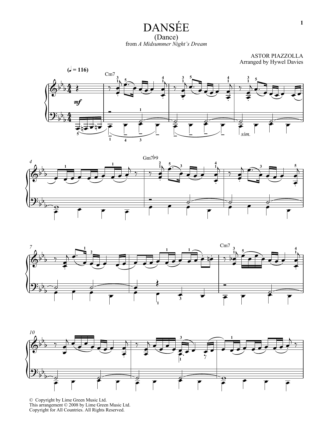 Astor Piazzolla Dansee sheet music notes and chords arranged for Piano Solo