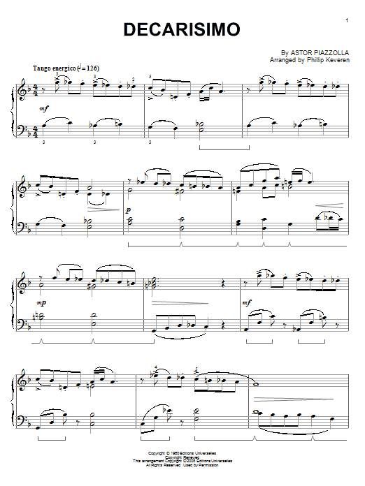 Astor Piazzolla Decarisimo (arr. Phillip Keveren) sheet music notes and chords arranged for Piano Solo