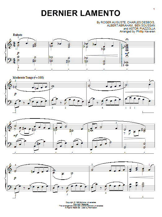 Astor Piazzolla Dernier lamento (arr. Phillip Keveren) sheet music notes and chords arranged for Piano Solo